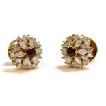 A pair of gold ruby and diamond cluster earrings,