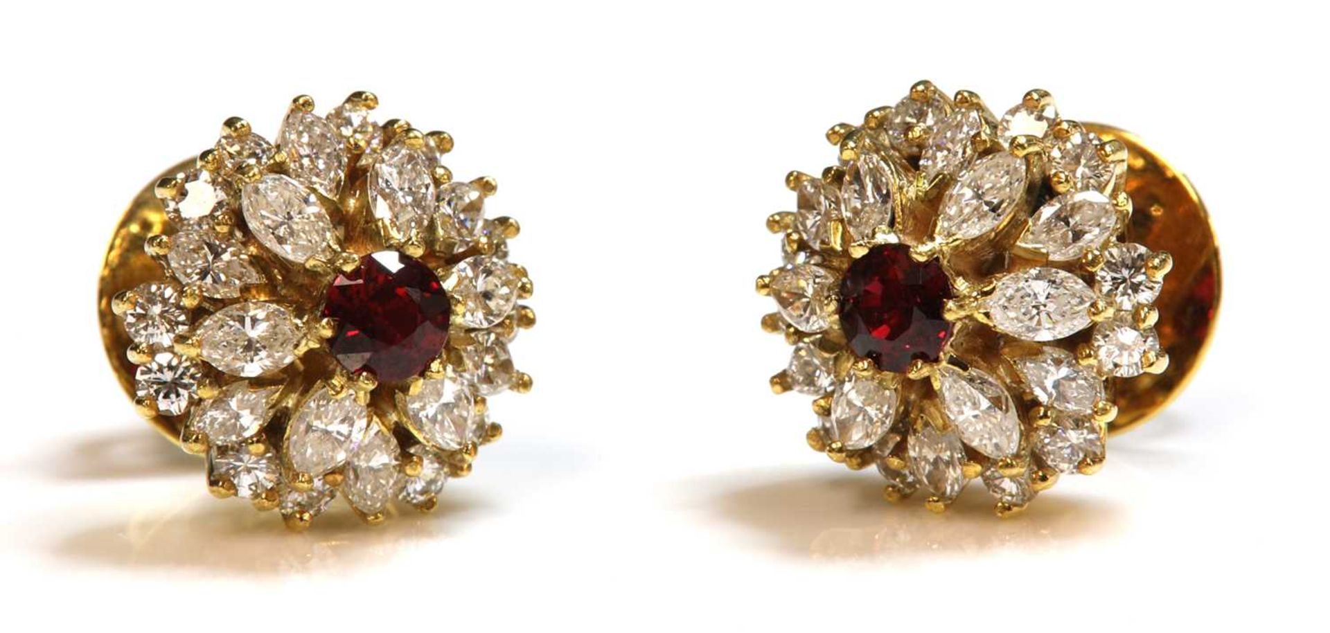 A pair of gold ruby and diamond cluster earrings,