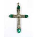 A platinum diamond and dyed green agate Latin cross pendant, c.1915,