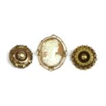 Two Victorian Etruscan Revival gold circular shield form brooches,