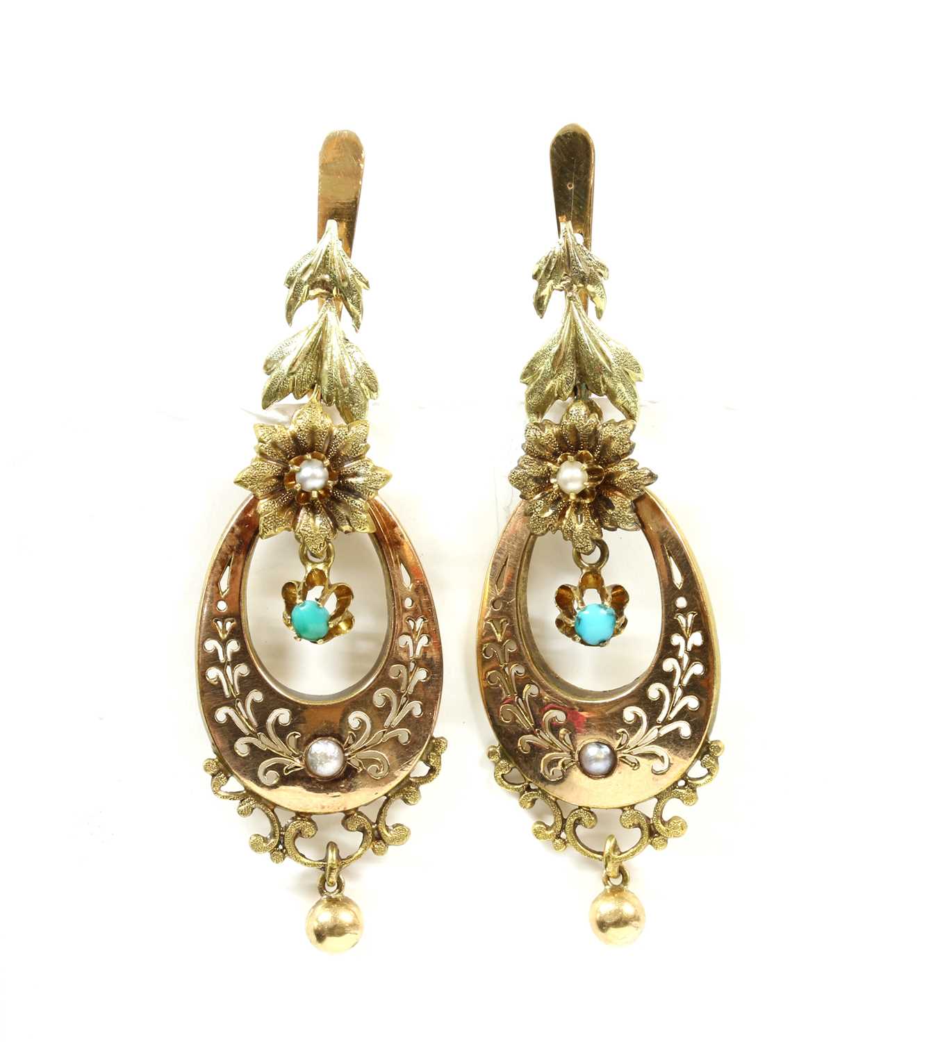 A pair of gold turquoise and split pearl drop earrings,