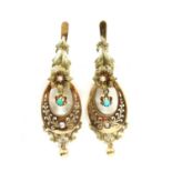A pair of gold turquoise and split pearl drop earrings,