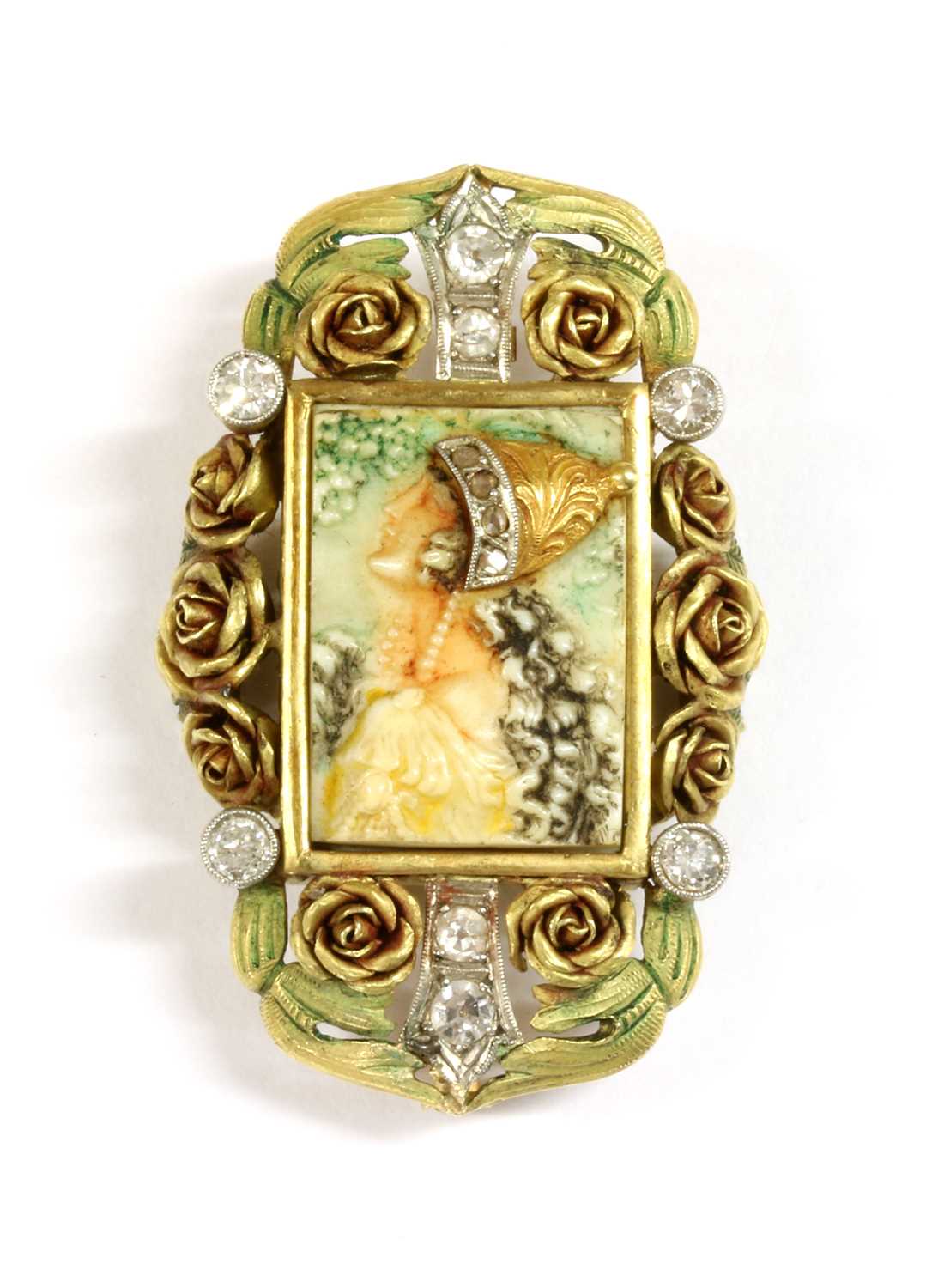 An Art Nouveau diamond ivory and enamel brooch/pendant,
