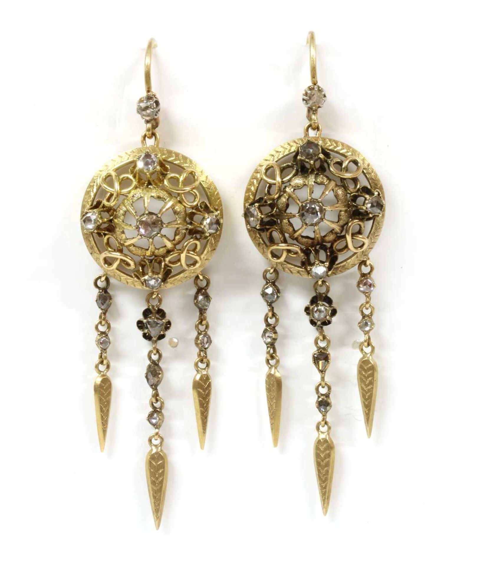 A pair of Continental gold diamond drop earrings,