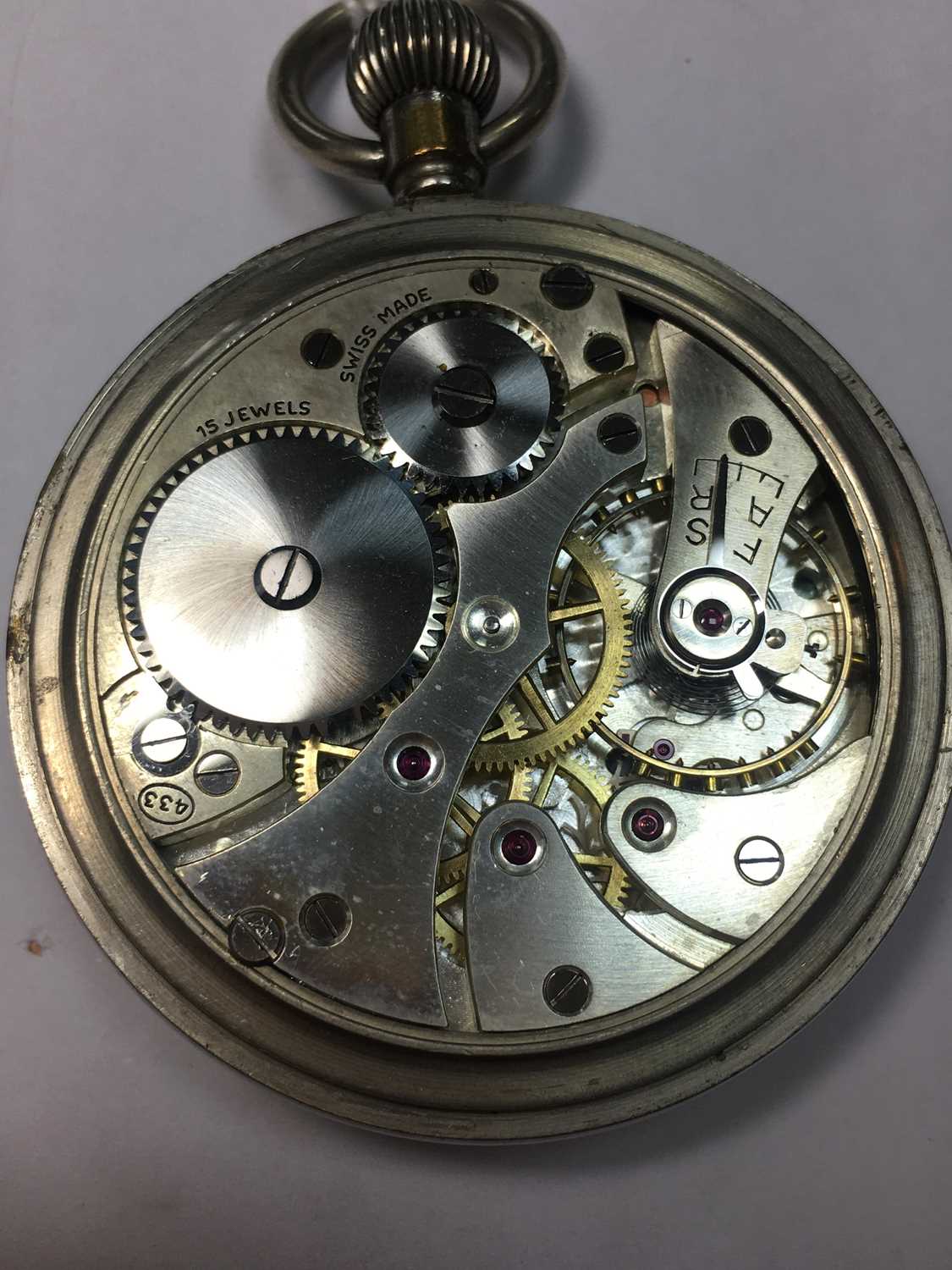 A stainless steel Record military WWII open-faced pocket watch, - Image 5 of 6