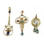 A gold sapphire and split pearl pendant,