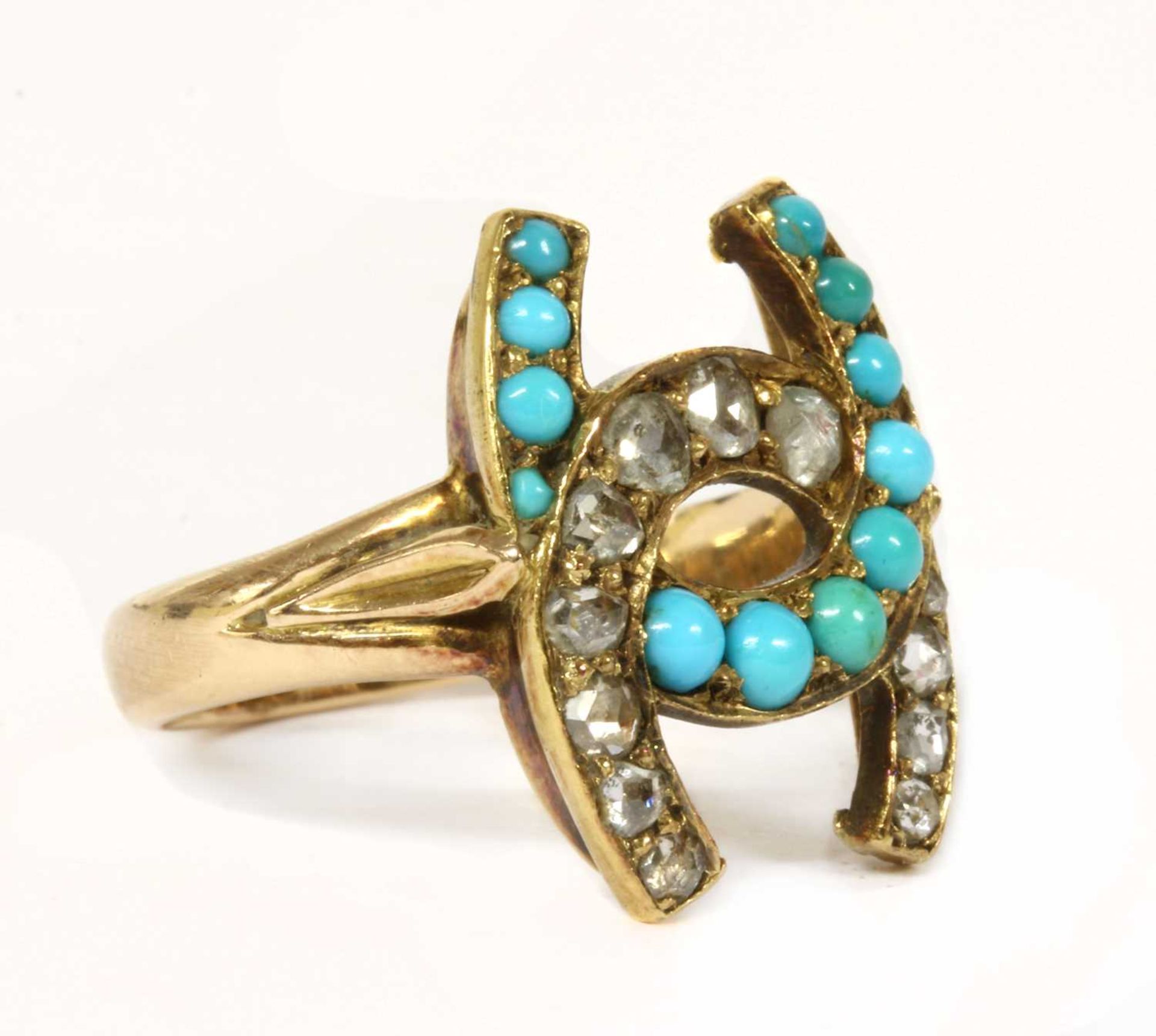 A gold diamond and turquoise horseshoe ring, - Image 2 of 3