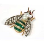 A gold and silver, enamel and gem set bee brooch,