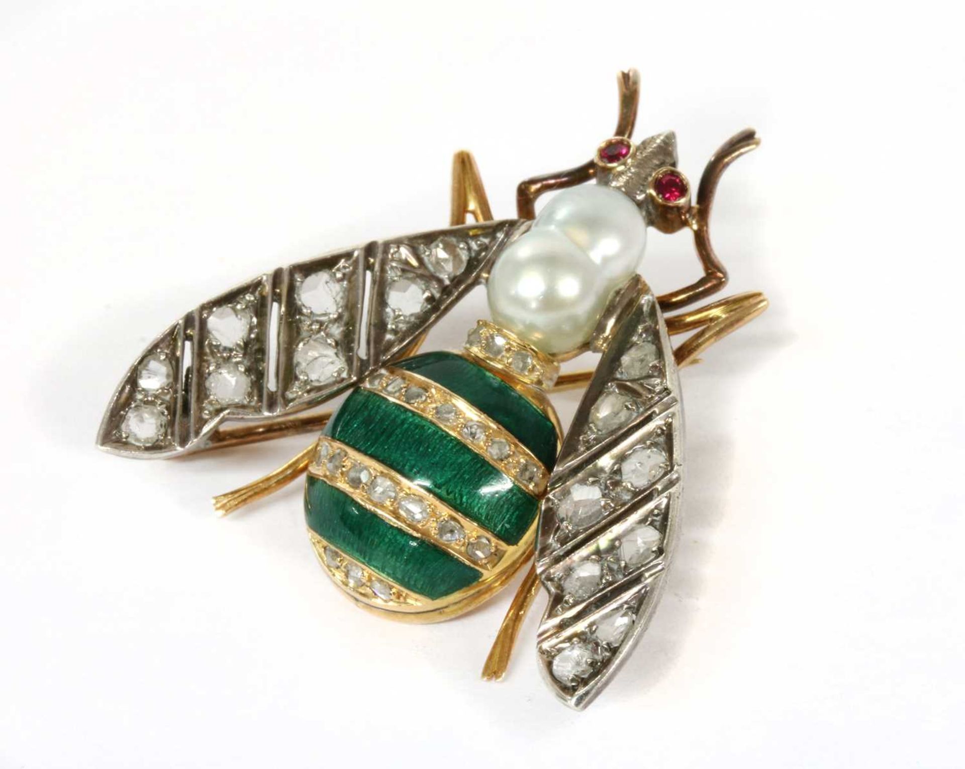 A gold and silver, enamel and gem set bee brooch,