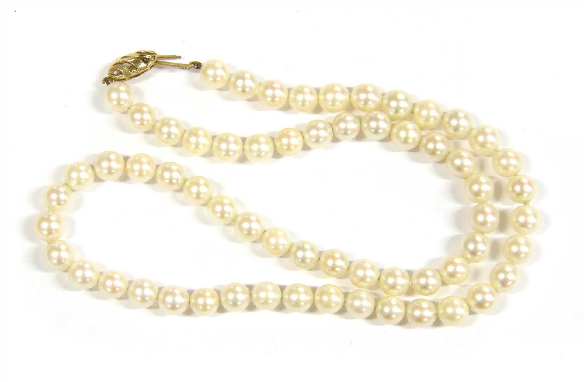 A single row uniform cultured pearl necklace,