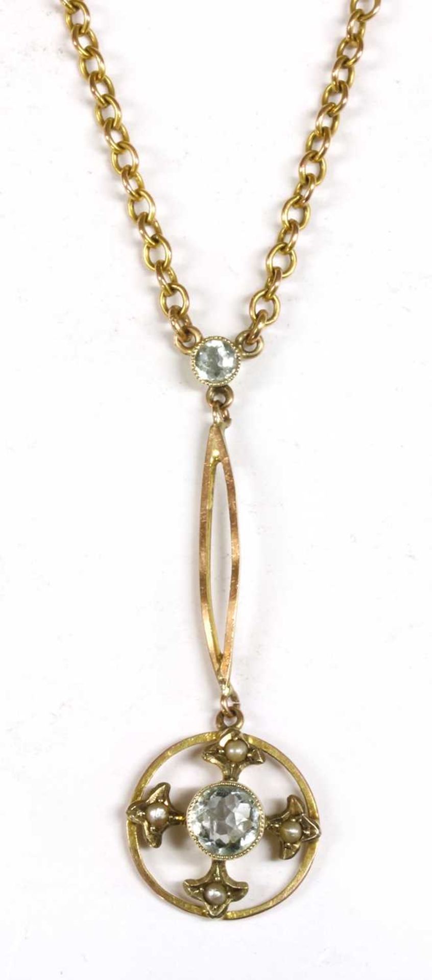 A gold aquamarine and split pearl Edna May pendant,