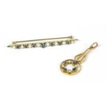 A white gold sapphire and seed pearl bar brooch,