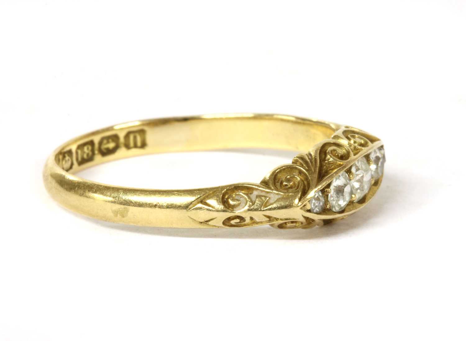 An 18ct gold boat shaped five stone diamond ring, - Image 2 of 3
