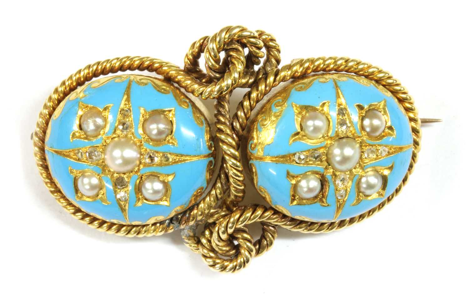 A Victorian gold split pearl, diamond and enamel brooch,