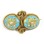 A Victorian gold split pearl, diamond and enamel brooch,