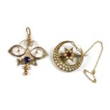 A gold ruby and split pearl crescent brooch,