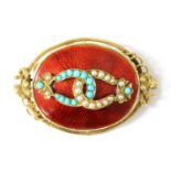 A gold turquoise, split pearl and enamel brooch,