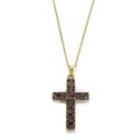 A gold and silver amethyst set cross pendant,