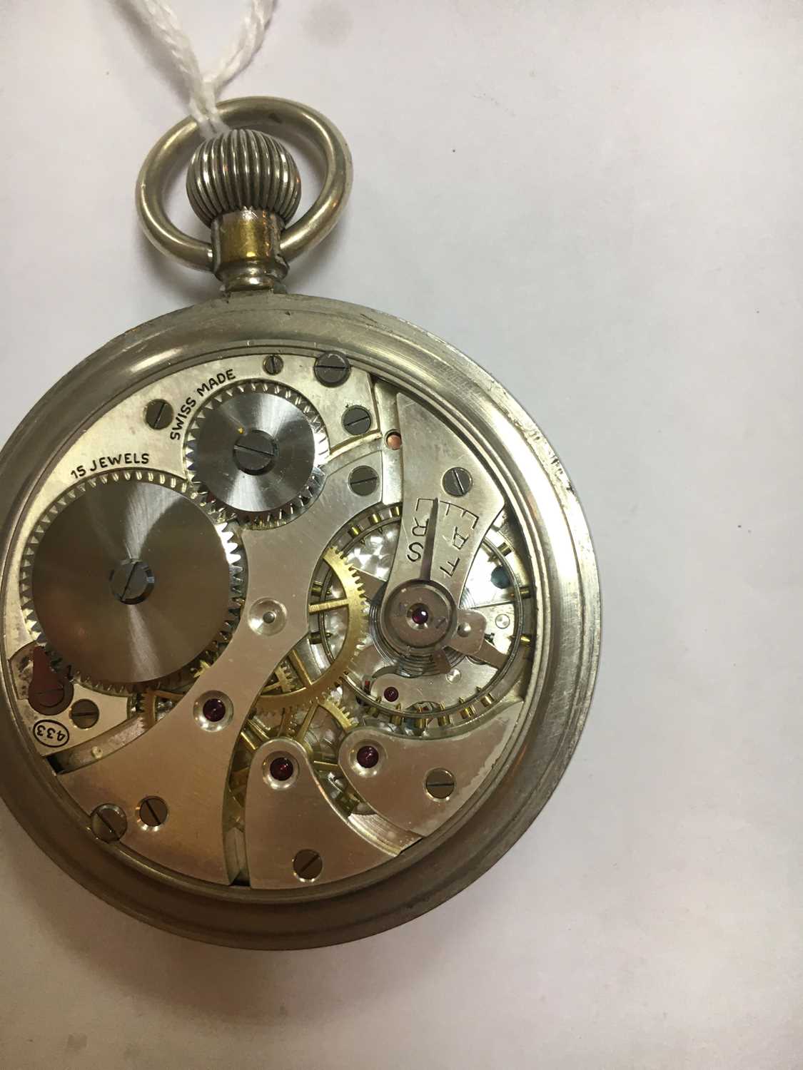 A stainless steel Record military WWII open-faced pocket watch, - Image 6 of 6