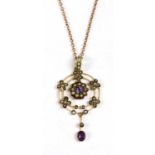 A gold amethyst and split pearl pendant,