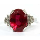A white gold synthetic ruby and diamond ring,