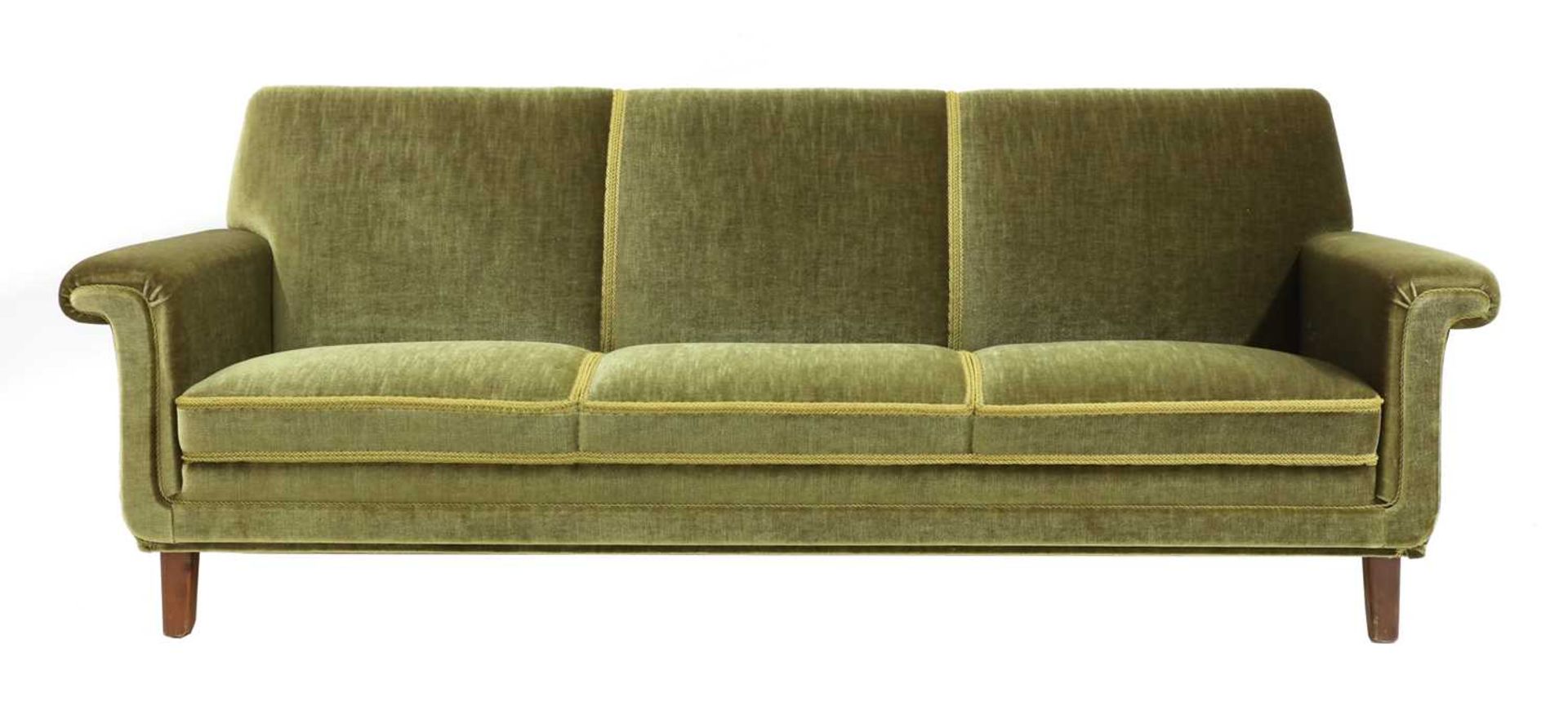 A green velour three-seater settee,