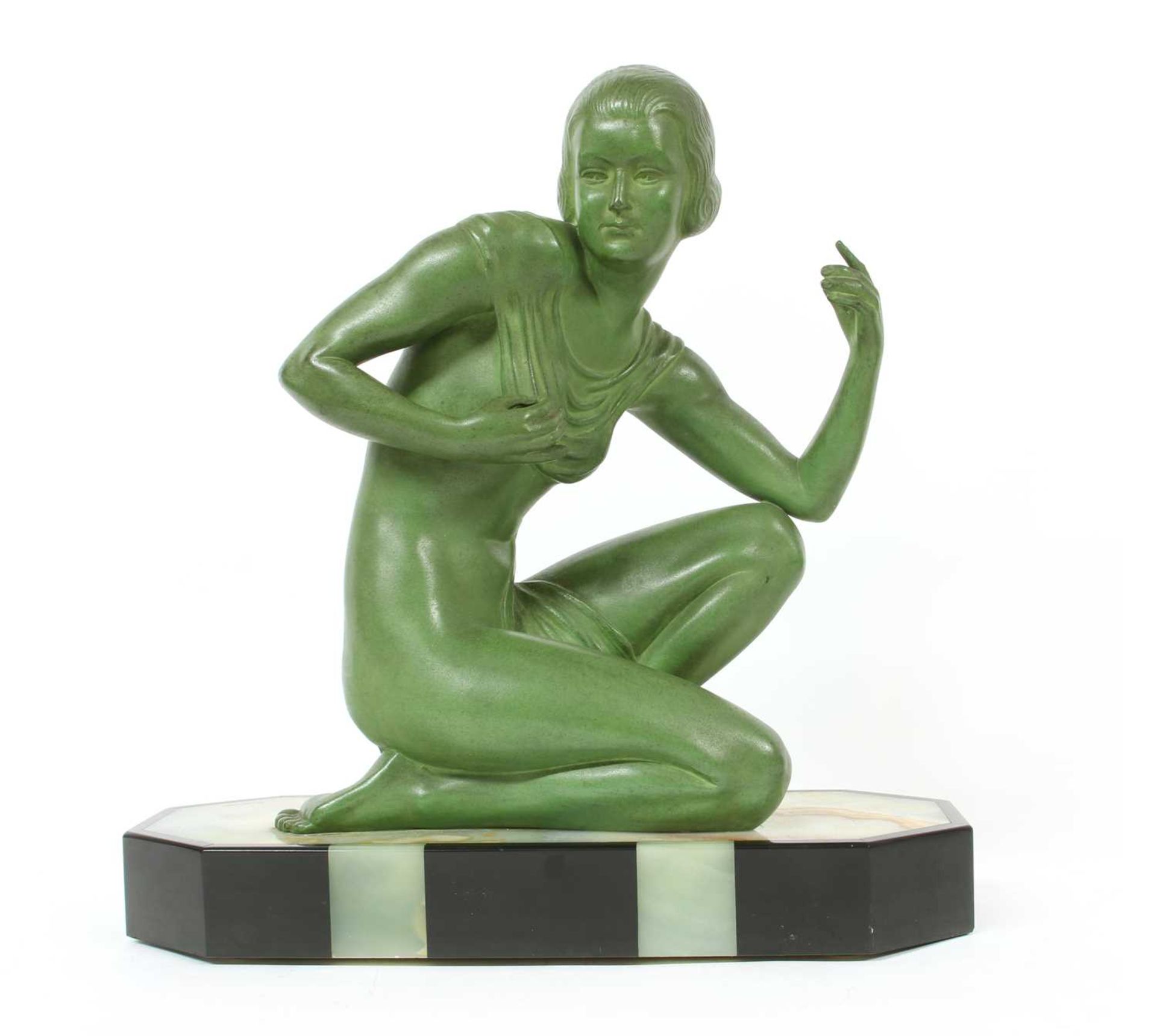 An Art Deco patinated spelter figure of a girl,