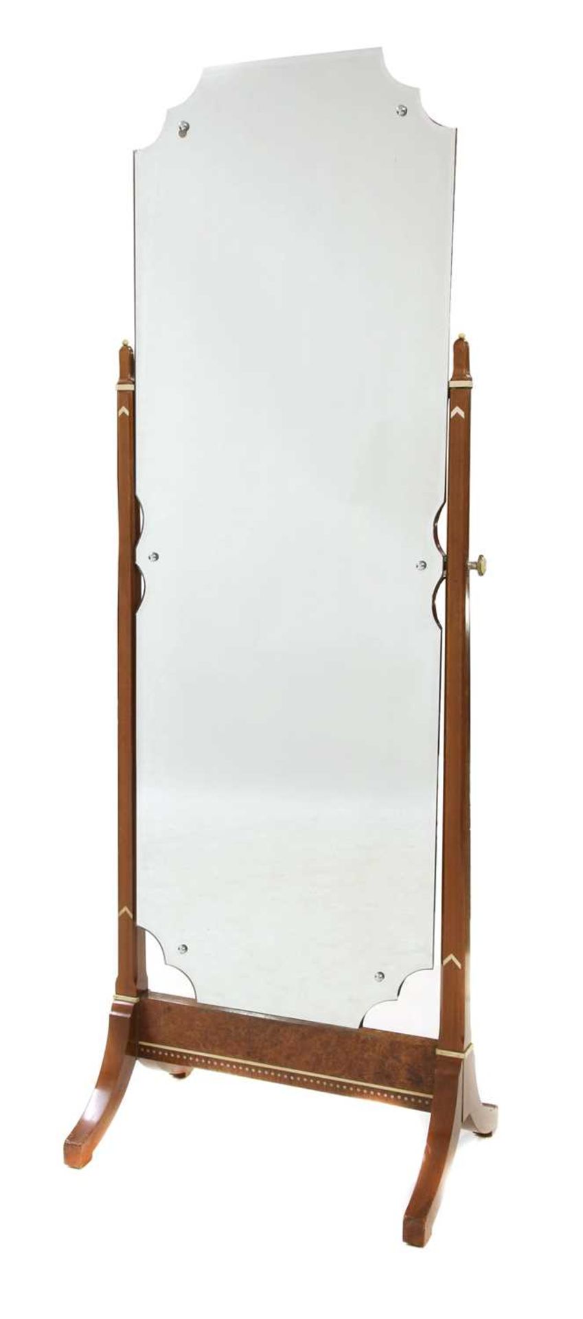 An Art Deco walnut, amboyna, burr wood and ivory inlaid cheval mirror, - Image 3 of 3