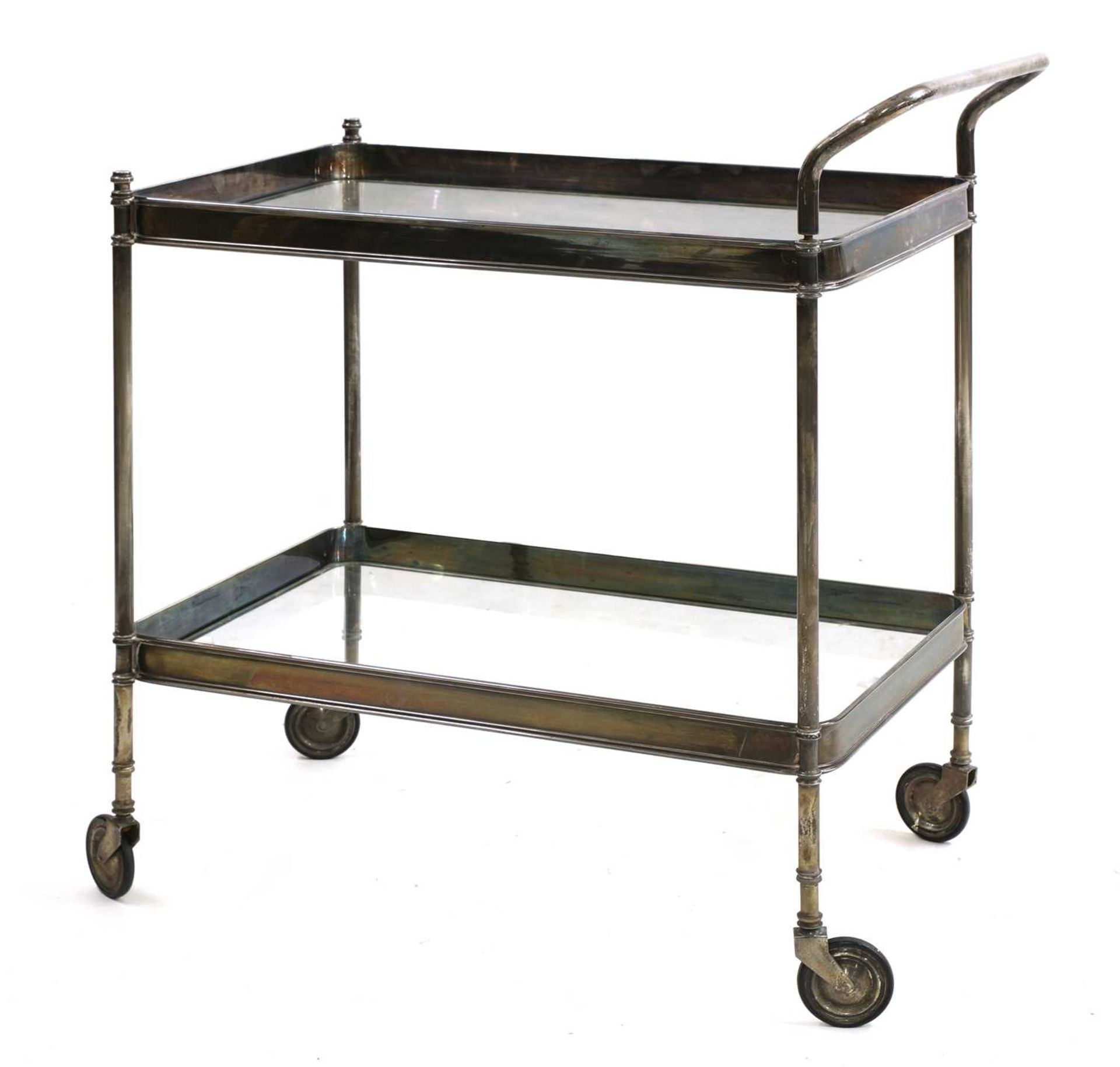 A chrome two-tier trolley,
