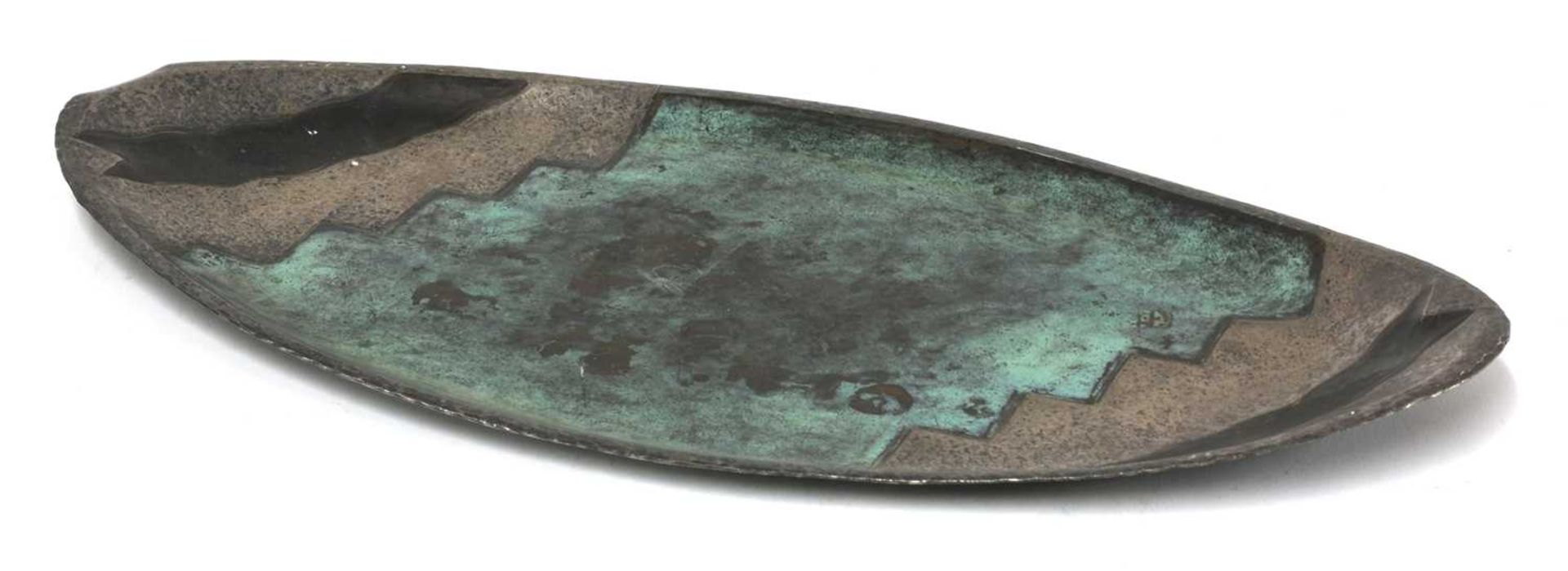 A French Loys patinated green and white metal oblong tray,