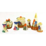 A Clarice Cliff 'Blue Autumn' muffineer salt and pepper pot set,