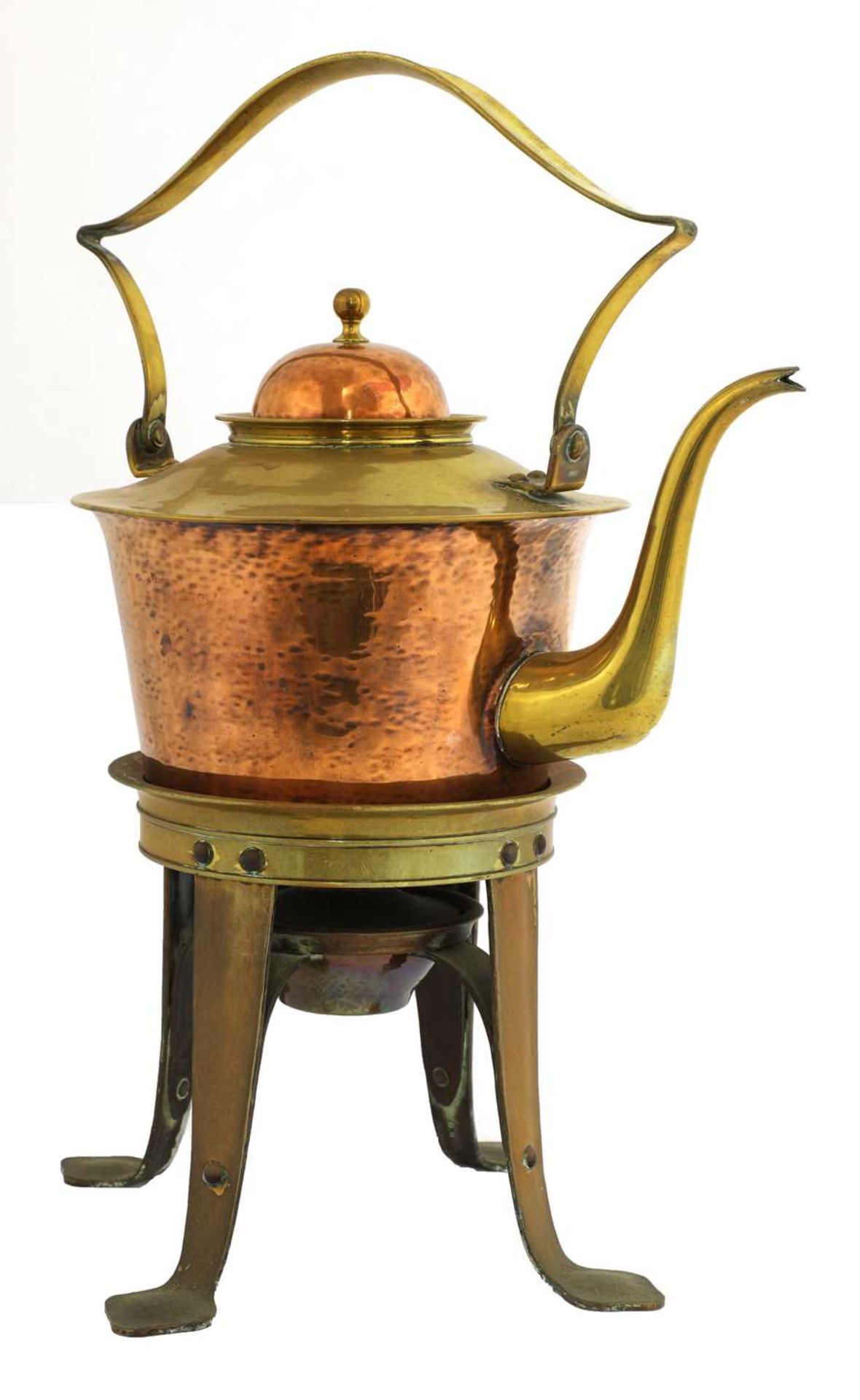 A Birmingham Guild of Handicraft copper and brass kettle on stand,