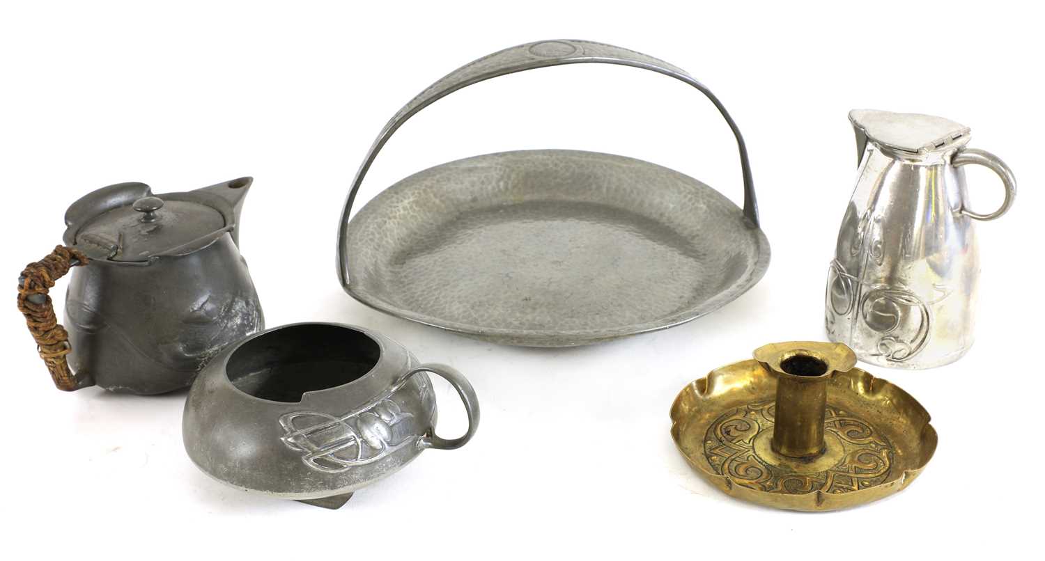 A collection of Tudric pewter items,