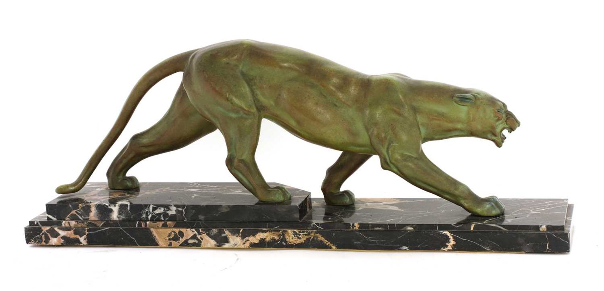 An Art Deco patinated spelter figure of a panther,