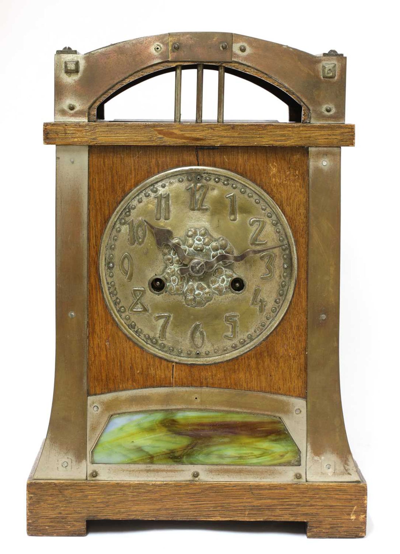 A Secessionist oak and brass-mounted mantel clock,