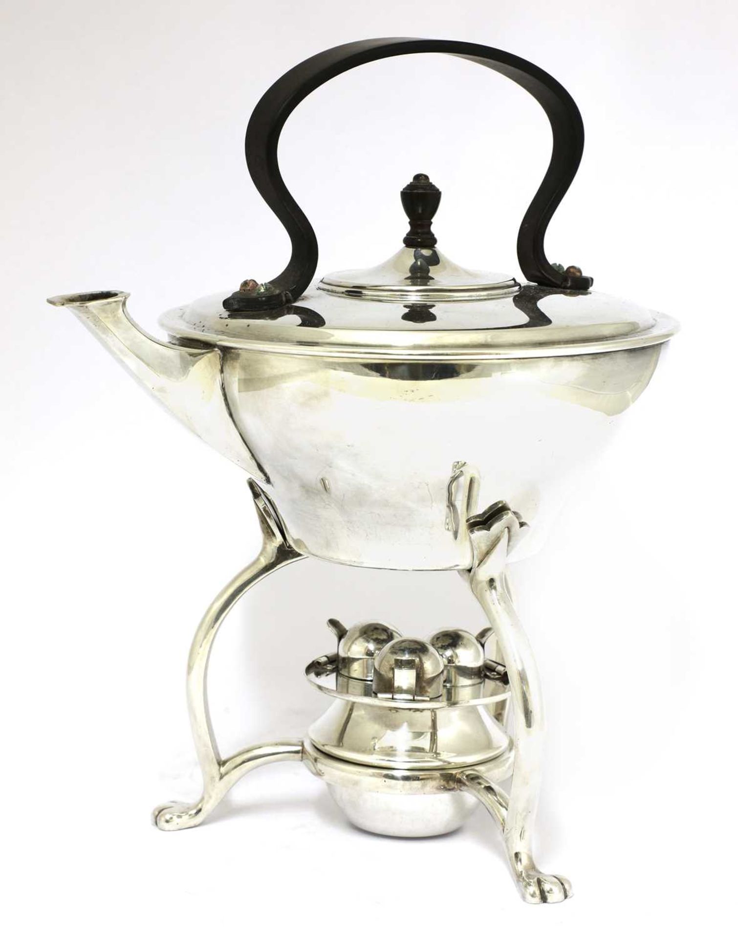An Arts and Crafts silver-plated kettle and burner on stand,