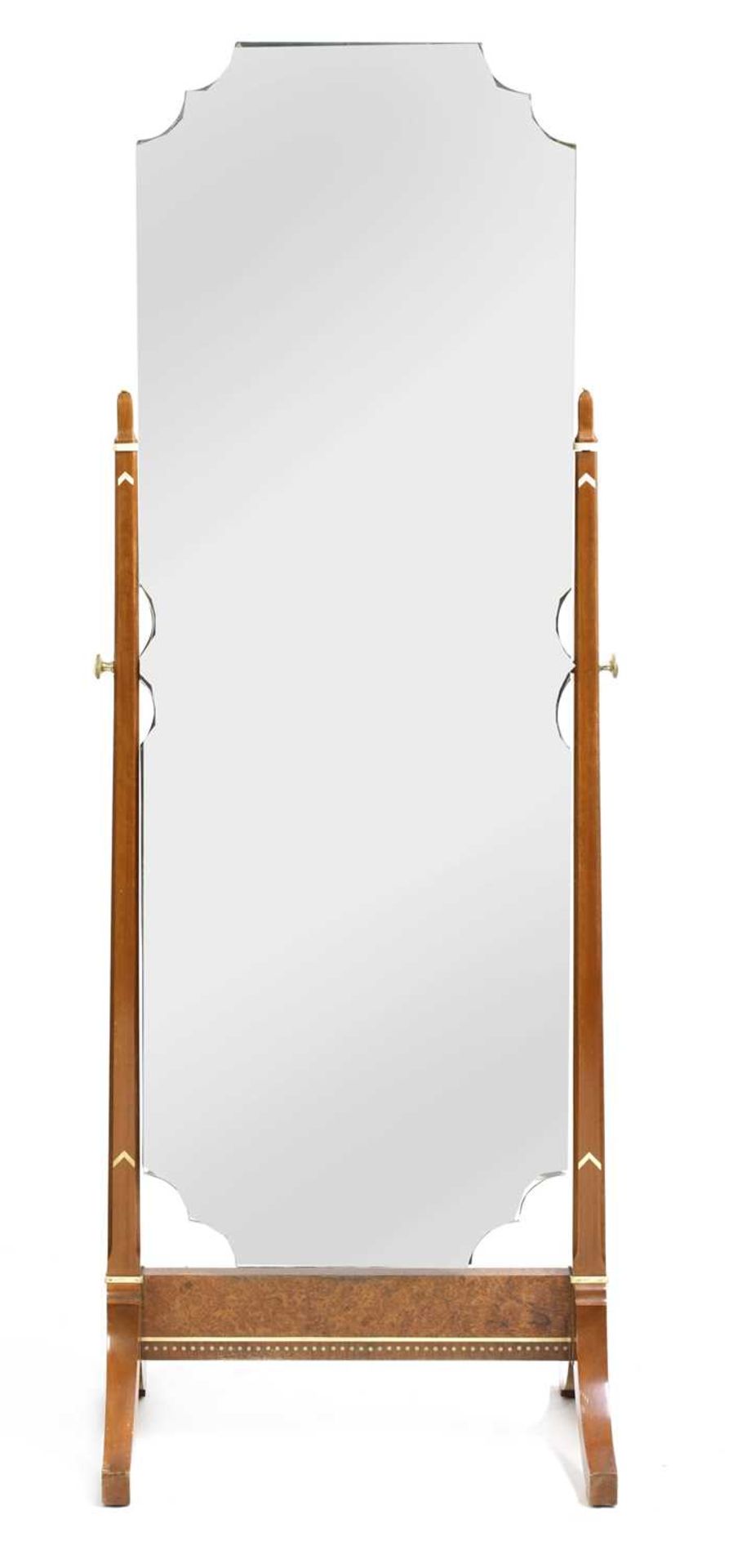 An Art Deco walnut, amboyna, burr wood and ivory inlaid cheval mirror,