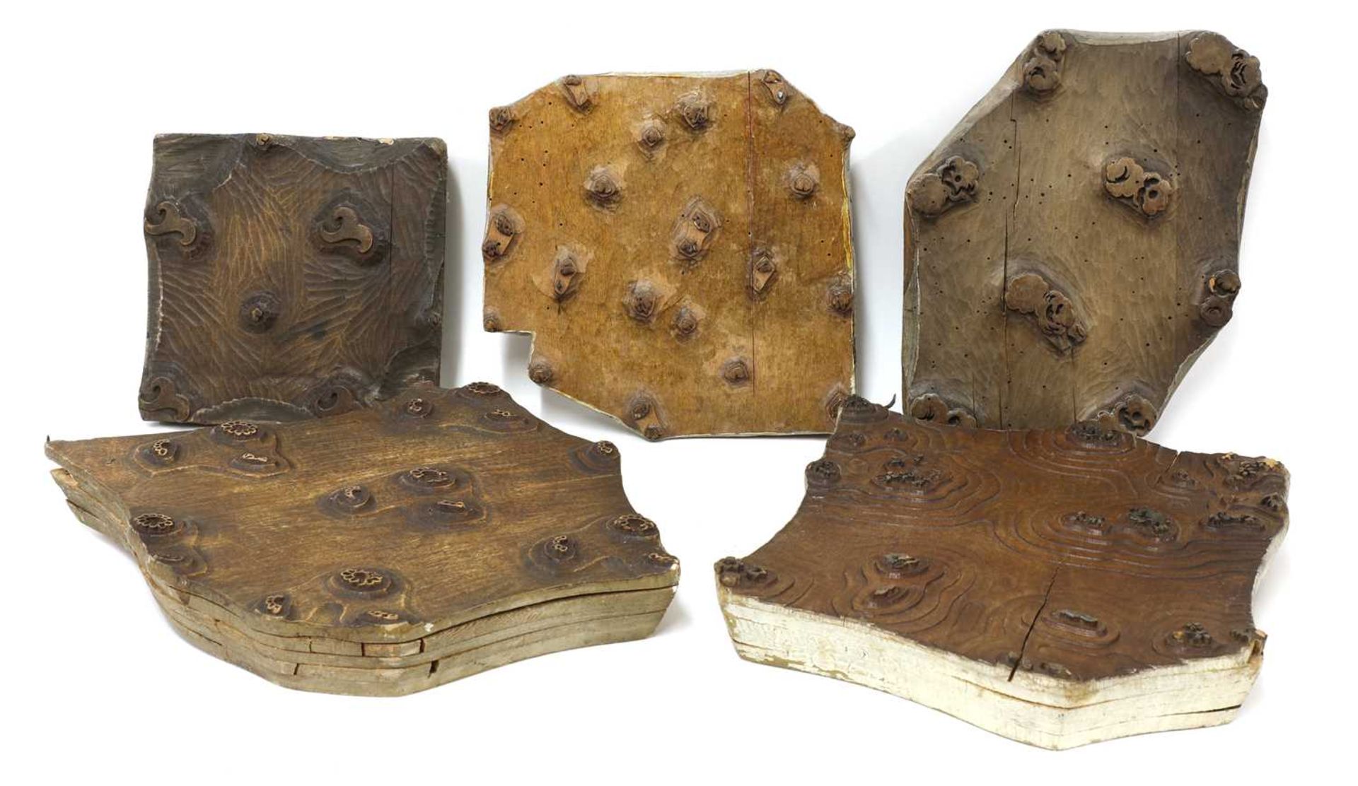 Five wooden hand printing blocks from the William Morris printing works at Merton Abbey,