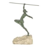 An Art Deco patinated bronze figure of a javelin thrower,