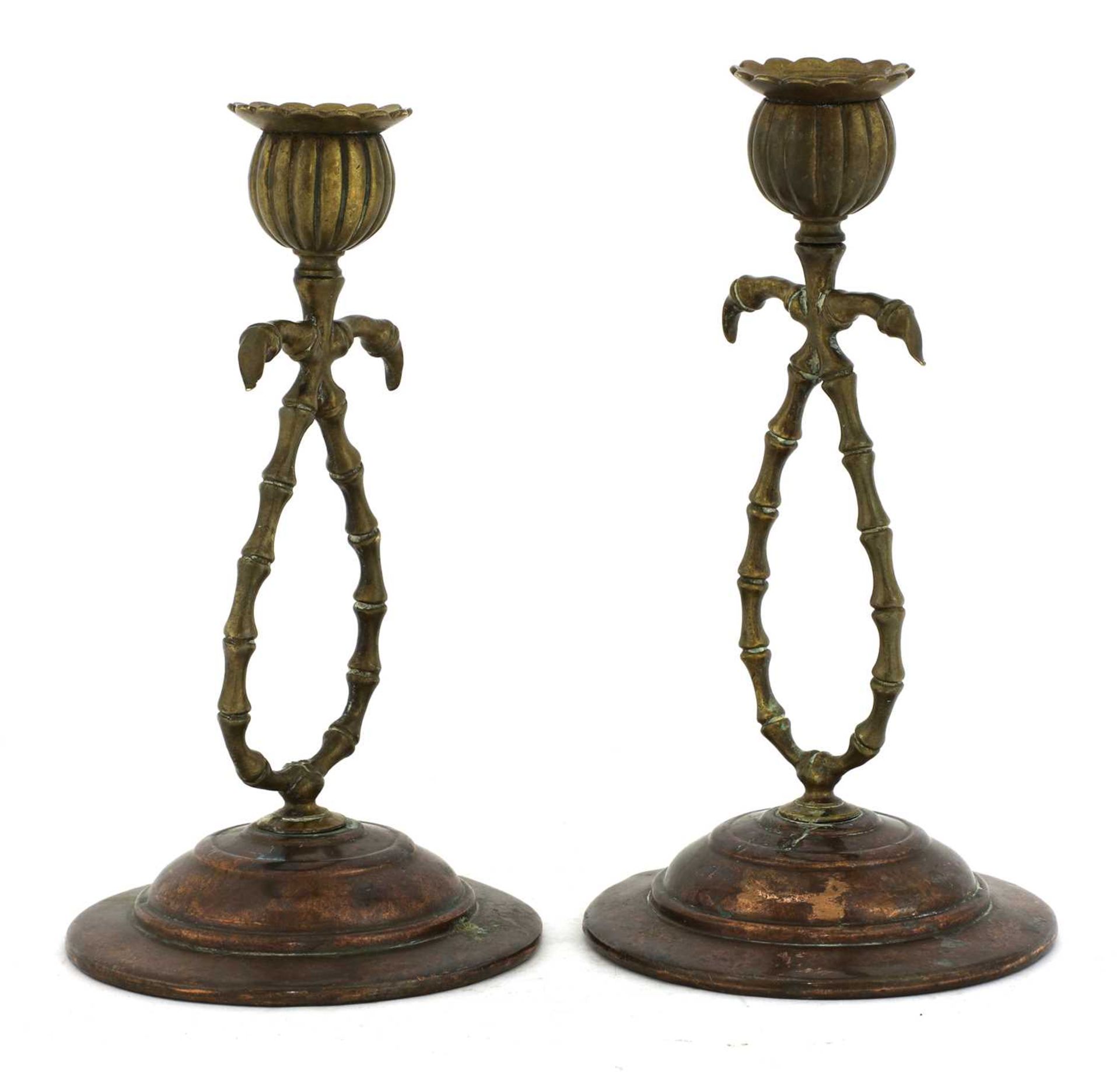 A pair of brass and copper candlesticks, - Image 3 of 3