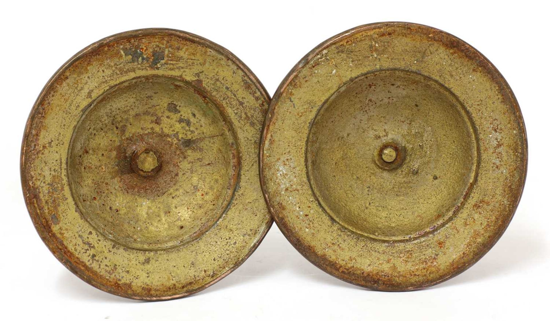 A pair of brass and copper candlesticks, - Image 2 of 3