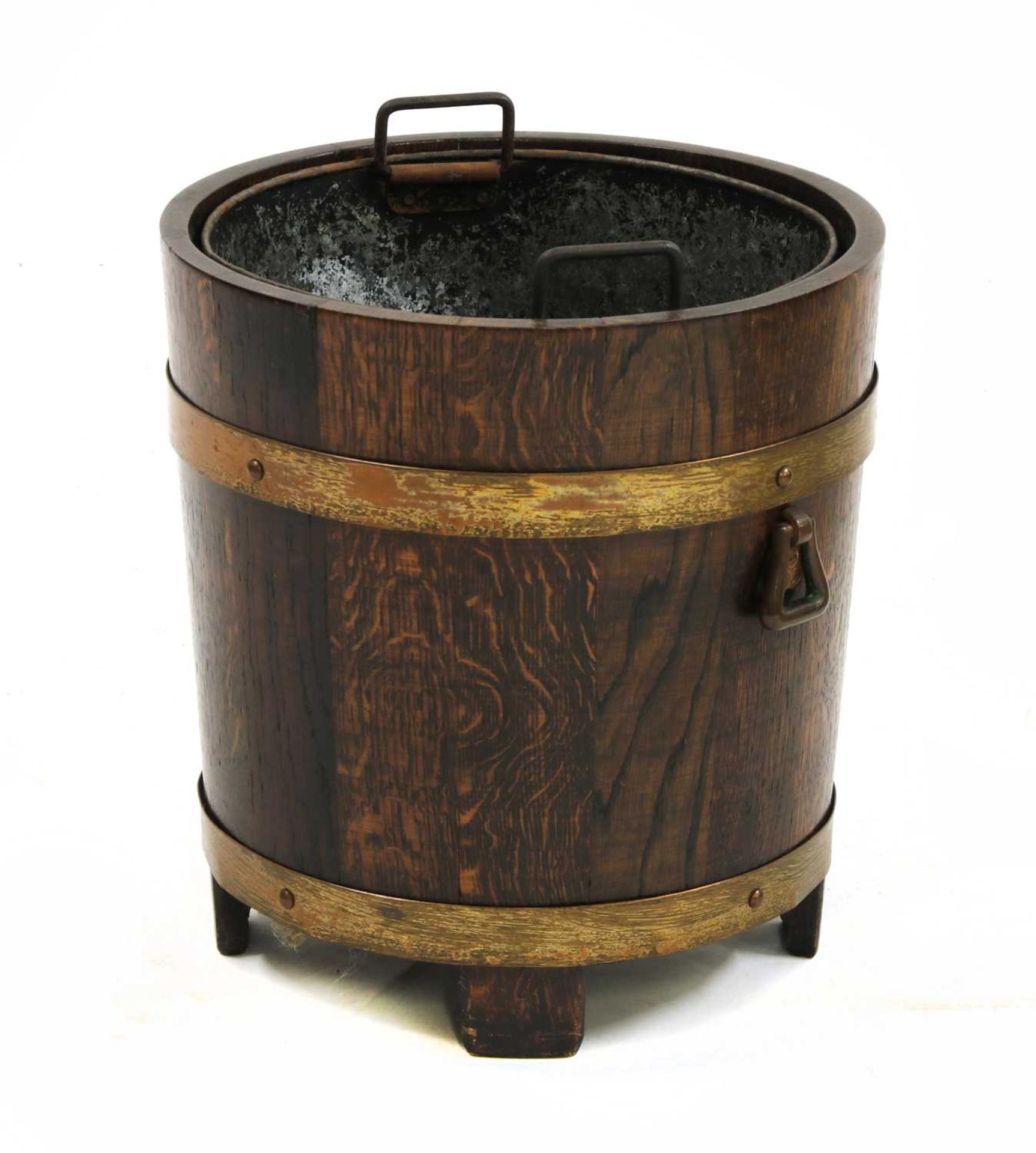 An oak and copper coal bucket,