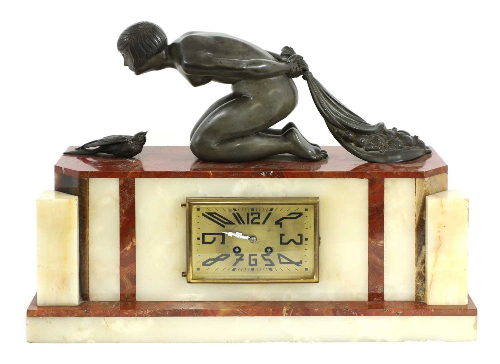 An Art Deco alabaster-mounted clock,