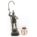 A spelter figural table lamp of a warrior,
