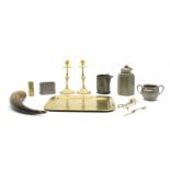 A collection of metalware to include a planished pewter tray,
