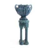 A Victorian mottled blue glazed pottery jardiniere and stand,