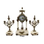 A late 19th century French marble portico clock and garniture,