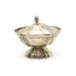 An early 20th century Fierman Hanan pedestal dish and cover of scalloped ovoid form,