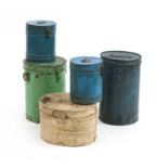 A collection of five painted Indian tin containers,
