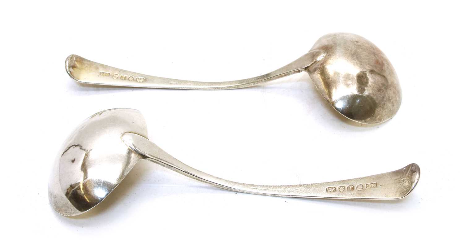 A pair of George III Old English pattern and thread silver sauce ladles, - Image 2 of 2